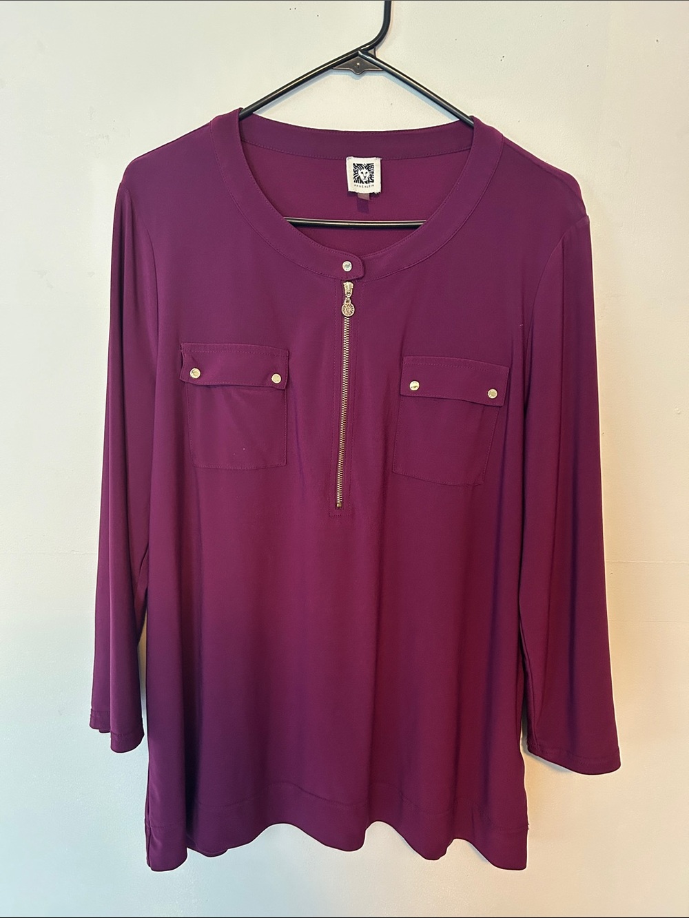 Anne Klein Plum Zip-Front Long Sleeve Top